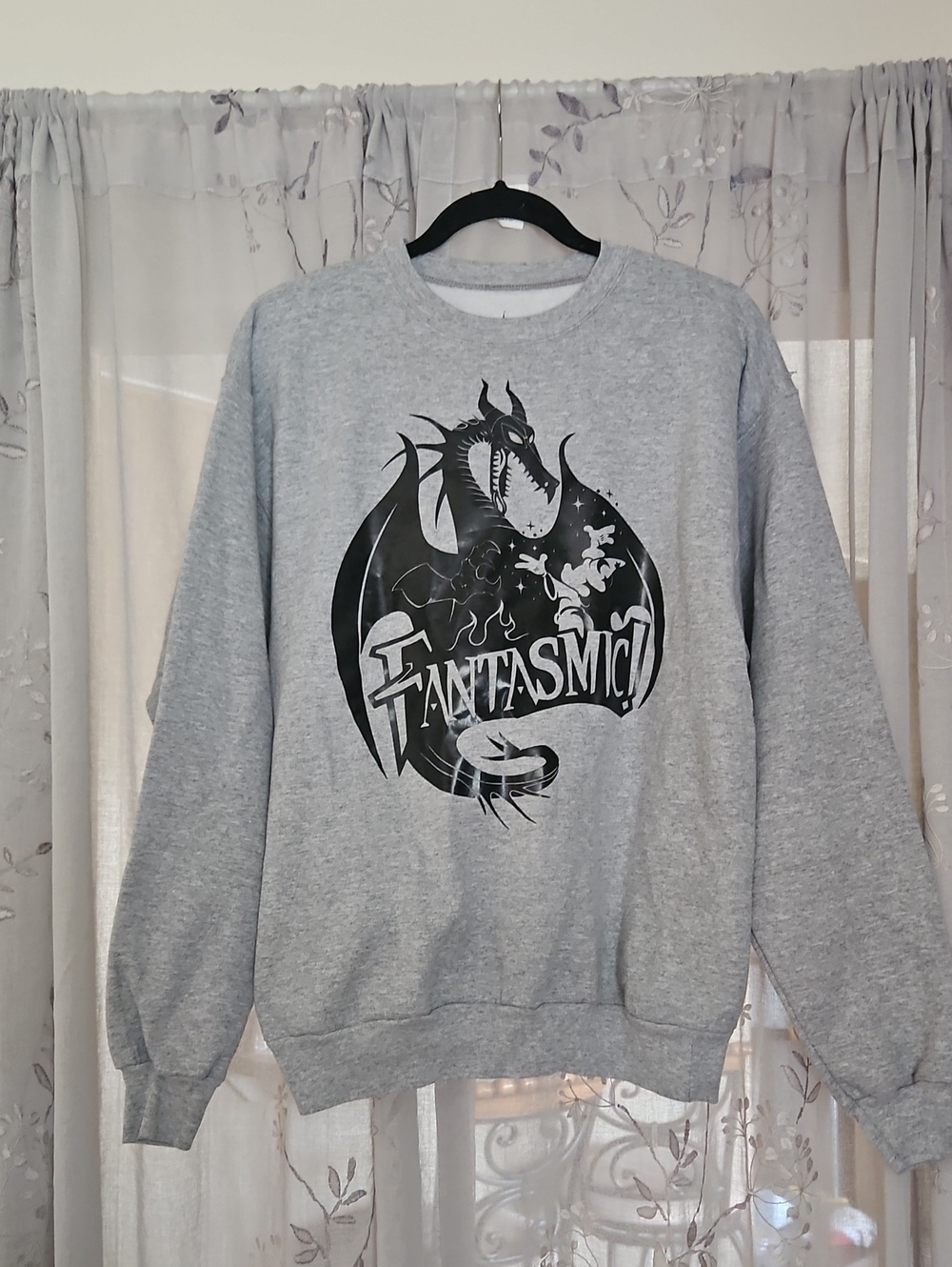 Disney Fantasmic Gray Crewneck Sweater with Black Dragon Graphic